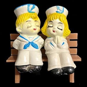 Vintage 1950s Kitsch Sailor Boy & Girl Sitting Bench Kissing Salt Pepper Shakers